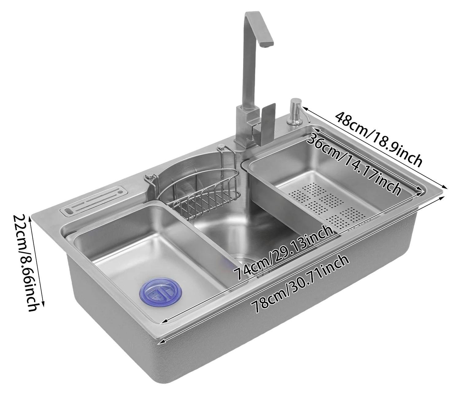 Küchenspüle SUS304 Edelstahl - Einzelbecken mit Wasserhahn 78x48 cm - Einbau Auflage/Unterbau - Mit Seifenspender, Sieb- und Reinigungskorb - Silber