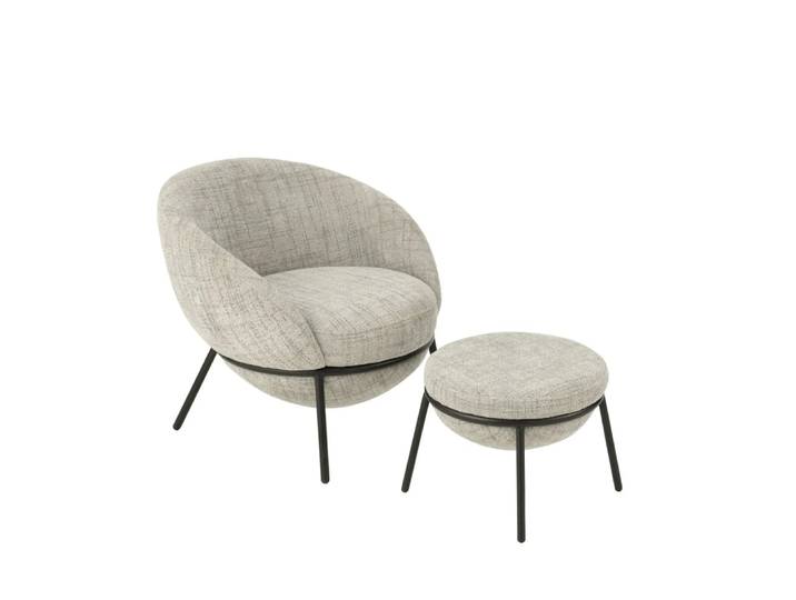 Fauteuil design et repose-pied en tissu gris clair