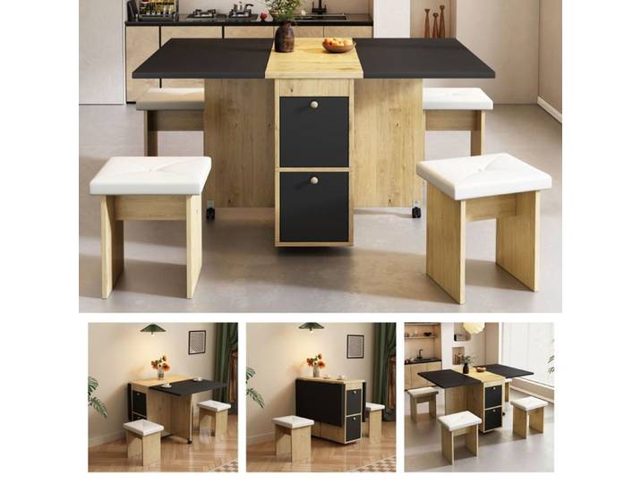 Ensemble de Table à Manger - Design Pliable - Blanc + Chêne + Noir - 120x80x75cm