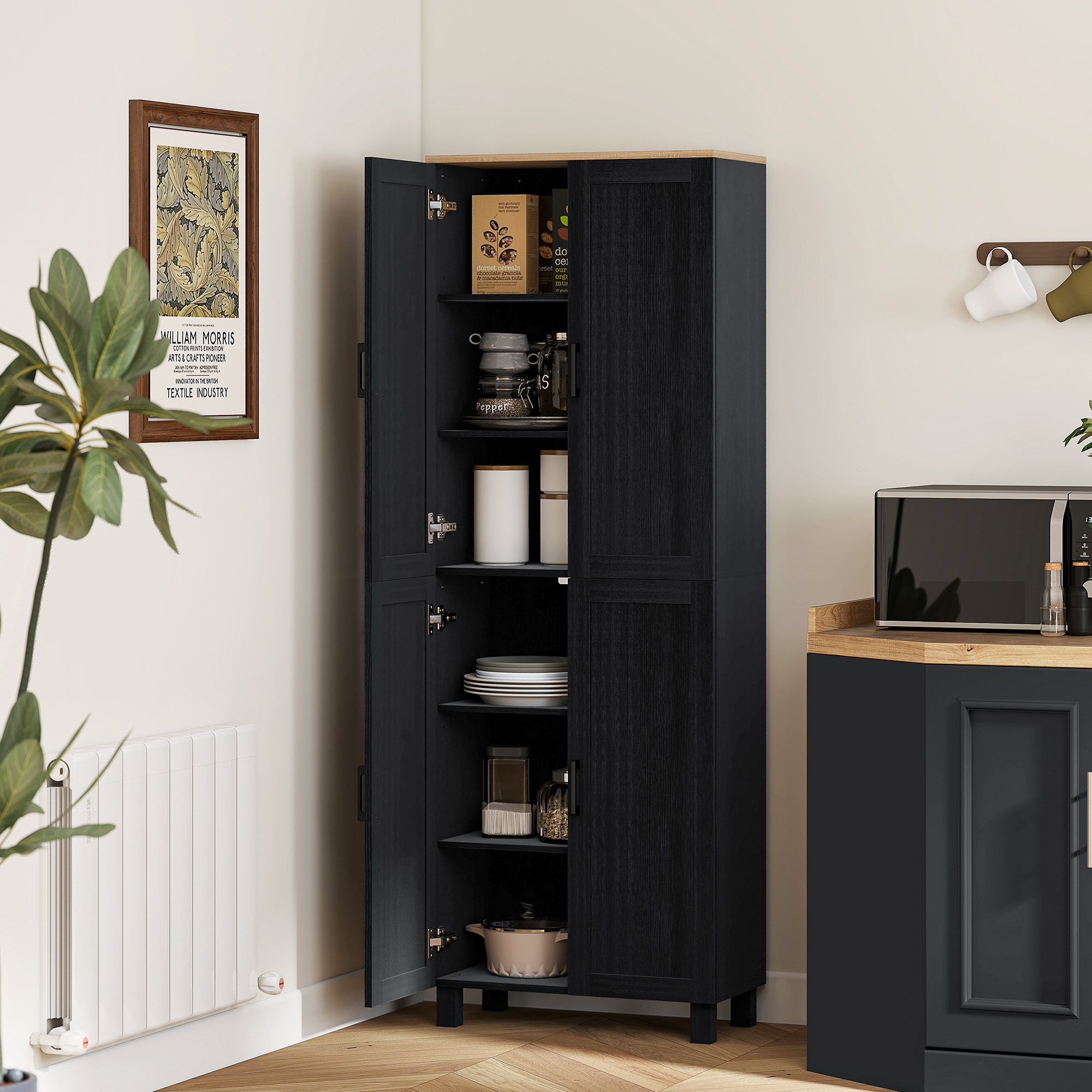 Homcom Mobile Dispensa da Cucina in Legno con 5 Ripiani Regolabili e 4 Ante, 60x30x170.5 cm, Nero   Aosom Italy