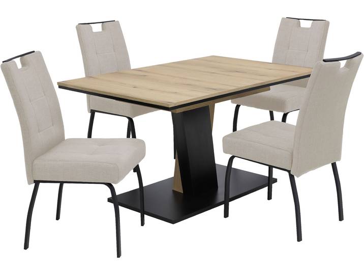Essgruppe HELA EBRO , schwarz (evoke eiche, schwarz, beige, beige, schwarz), Microfaser Webstoff, Synchron-Auszug, Evoke Eiche/Beige, 100% Polyester, Sitzmöbel-Sets, Essgruppe, Mit Synchronauszug, Vierfussstuhl XL Sitzbreite, Federkorb, Griff