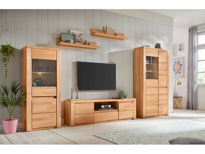 Wohnwand GOODPRODUCT BURANO 3-teilig, Lowboard mit Kabeldurchführung, Breite 310cm , beige (kernbuche teilmassiv), Holzwerkstoff Kernbuchefarben (Korpus)/ Massivholz Kernbuche (Front), Holz teilmassiv, Kastenmöbel-Sets, Wohnwand, Fronten aus Massivholz, Korpus aus Melamin, verstellbare Einlegeboden