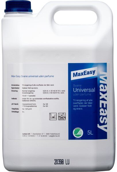 Max Easy Universalrengøring, Parfumefri, 5 L