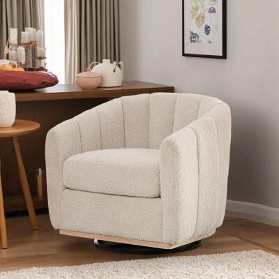 "31.9"" Chenille Swivel Barrel Chair with Tufted Pumpkin-Shape Design and Metal Base and Pocket Spring"