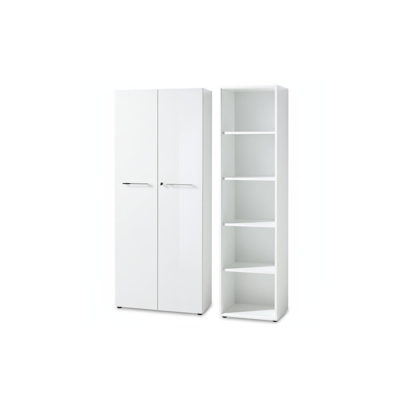 Büro-Set MUENCHEN 2-teilig Weiß Schrank & Regal 5 OH Glas Front & Abschließbar