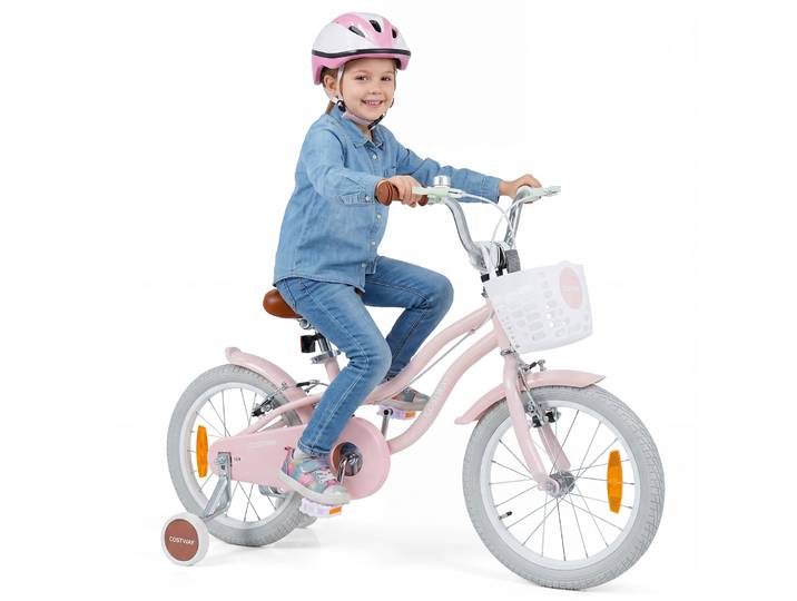16 inch Kinderfiets met Zijwielen & Mand Meisjesfiets met Bel & Dubbele Remmen Kinderfiets Roze