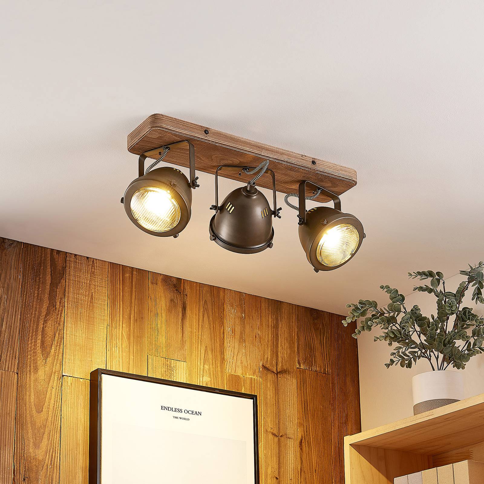 Lindby downlight Farovi, black, 44 cm, 3-bulb, wood, GU10 Farovi Lindby, dimmable, Black, Living / Dining Room, Wood, Industrial Design, Ceiling Light