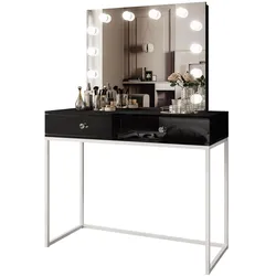 SCHMINKTISCH BLANCO LOFT ELITE mit Spiegel und Beleuchtung Schwarz Hochglanz Kristallgriff