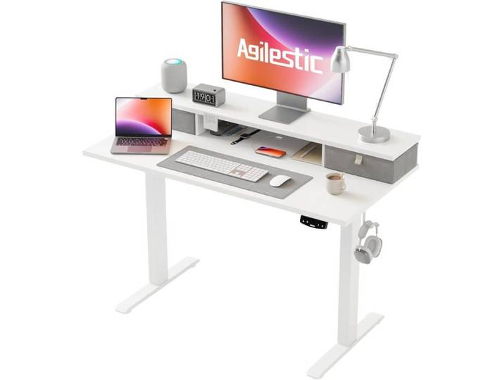 Bureau Réglable En Hauteur Avec 2 Tiroirs 100x60 Cm Bureau Réglable En Hauteur Électrique Ergonomique Bureau D'Ordinateur Blanc