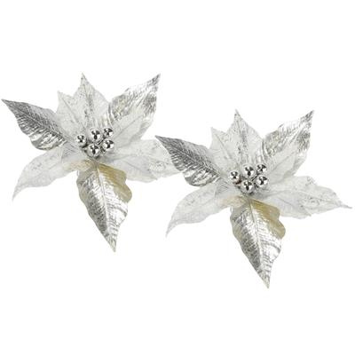 Dekohänger I.GE.A. "Poinsettia auf Clip", silber, B:28cm H:14cm, Polyester, Dekohänger, 2er Set 28cm Weihnachts-Christstern künstlich Weihnachtsblume gold