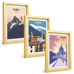 BILDER SET 3er Set - 20x30 cm Goldrahmen - Retro-Illustrationen zur Bergarchitektur