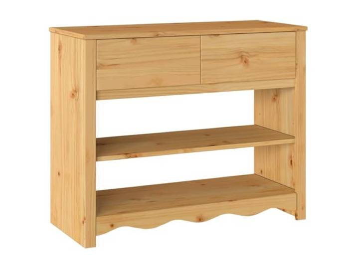 Foknhdi Konsolentisch Massivholz Kiefer mit Schubladen Eiche 89,5 cm Vielseitiger Ablagetisch aus Kiefern-Massivholz mit 2 Schubladen für Flur, Schlafzimmer und Wohnbereich.