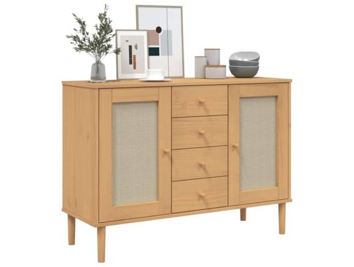 KTHLBRH Sideboard Senja 112 x 40 x 80 cm Massivholz Kiefer Braun 4 Schubladen, 4 Türen aus Polyrattan, UV-Lackierung, Griffe aus Holz