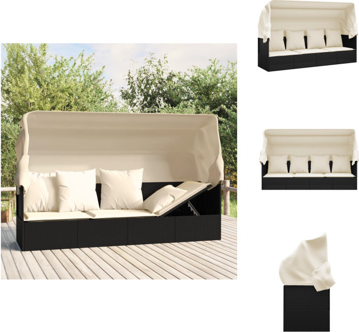 vidaXL Outdoor-Loungebett mit Dach und Kissen Schwarz Poly Rattan - Sonnenliegen