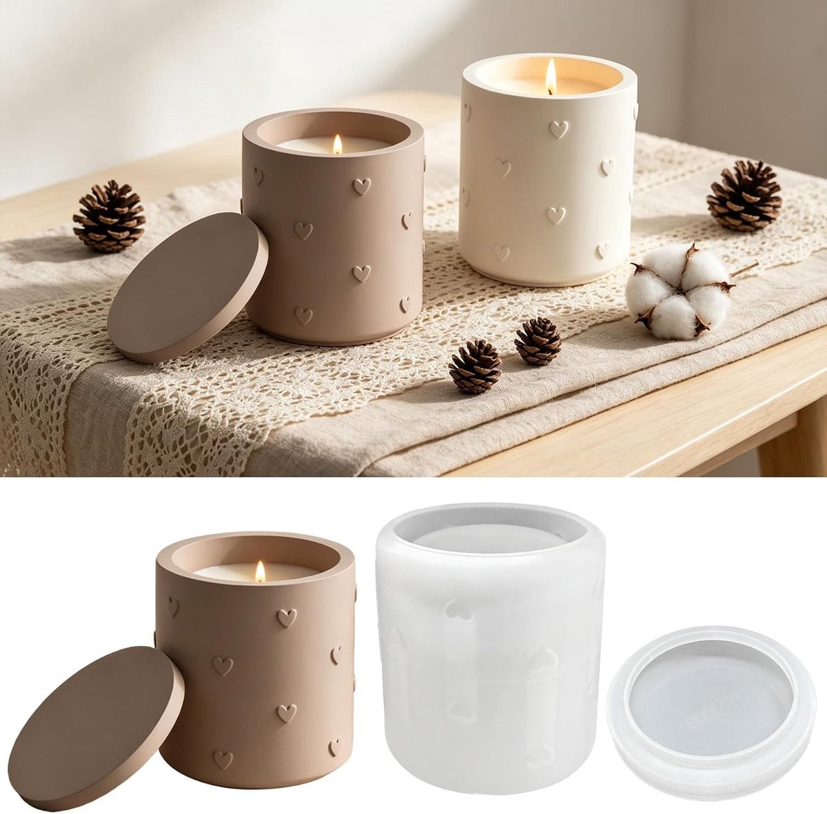 ShopVlot Silicone kaarsenhouder met deksel, ronde vorm met hartmotieven voor DIY kaarsen