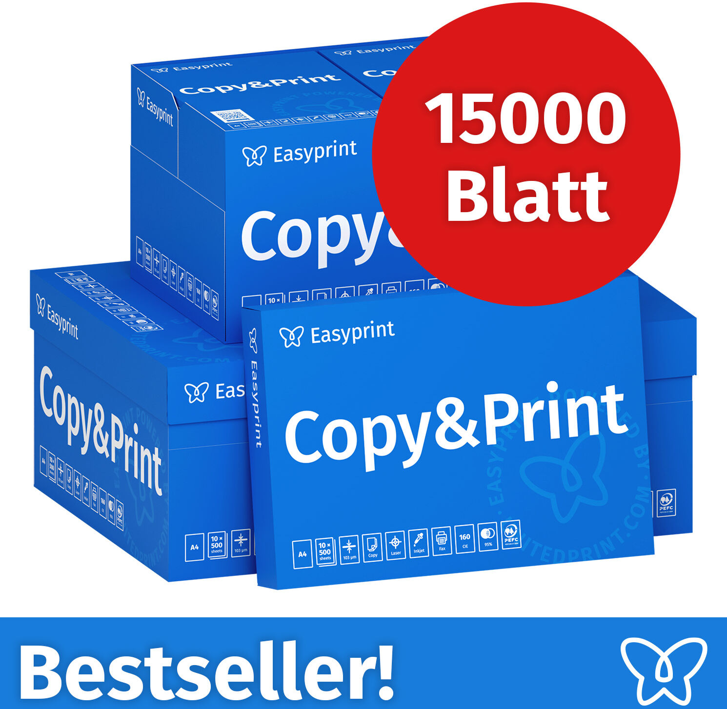 Easyprint Druckerpapier Kopierpapier 15000 Blatt 30 x 500 A4 Premium Hochweiß CIE 160 Testsieger PEFC zertifiziert