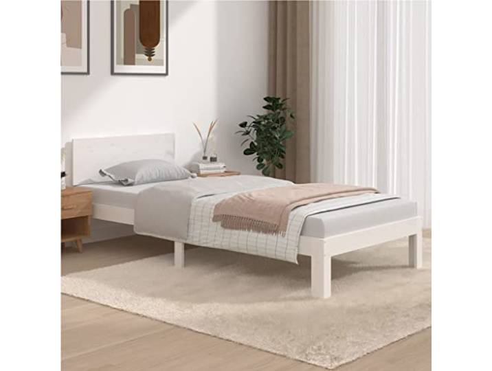 Massives Kiefernholz Modernes Kopfteil Standard 90x200 cm Weiß Massivholzbett Weiß Kiefer 90x200 cm Bettgestell mit Kopfteil Lattenrost Stabil Modernes Design