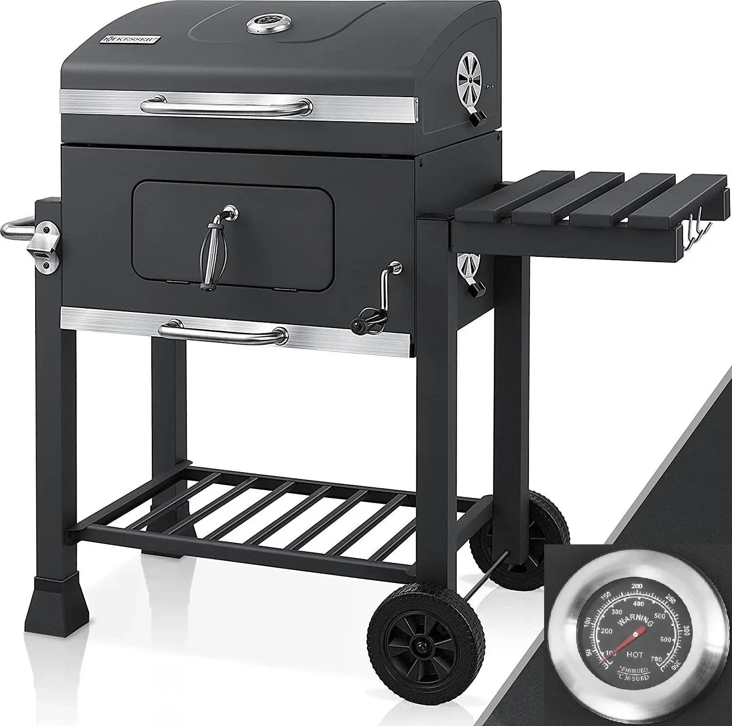Holzkohlegrill BBQ Smoker - Grillwagen medium - Klappbarer Seitentisch - Griff - Pulverbeschichteter Stahl - Für Terrasse und Garten