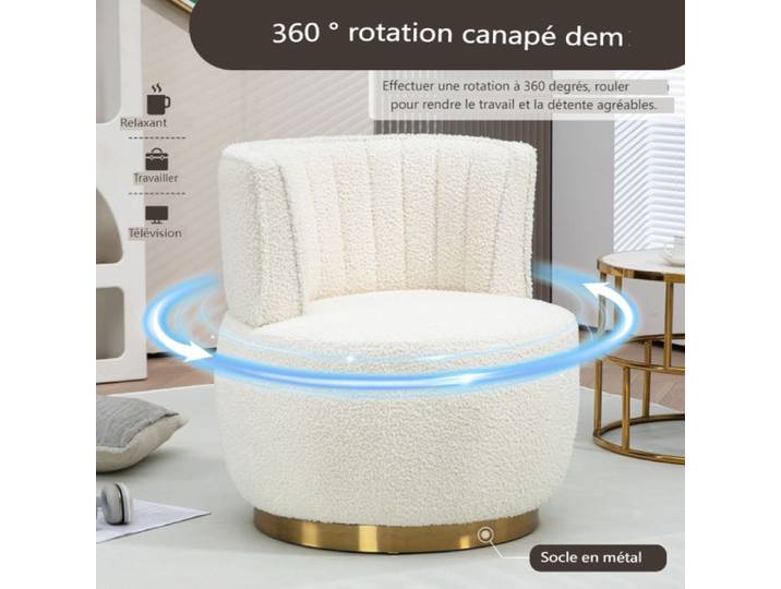 Chaise Pivotante - LANGTU - Chaise de salon - Velours Teddy - Rotation 360° - Blanc