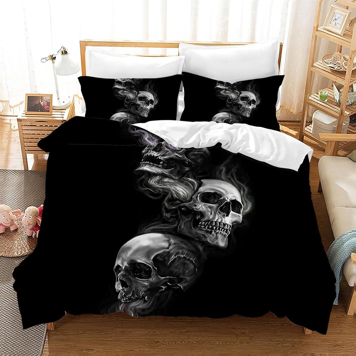 Gothic Dekbedovertrek met Skulls en 2 Kussenslopen, Microfiber Kinderen Bedset, Breedte: 200 cm, Hoogte: 200 cm, Kussenslopen: 50 x 75 cm