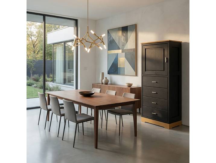 Highboard Glatt 59 x 142 x 46cm Türanschlag links Schwarz/Schwarz/Pinie Creme