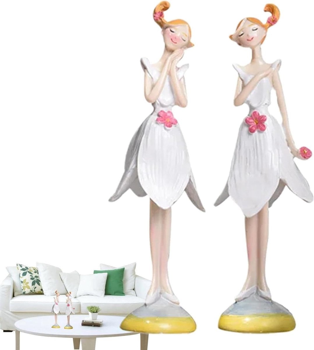 Set van 2 handbeschilderde meisjes beeldjes van hars voor woondecoratie, multicolor