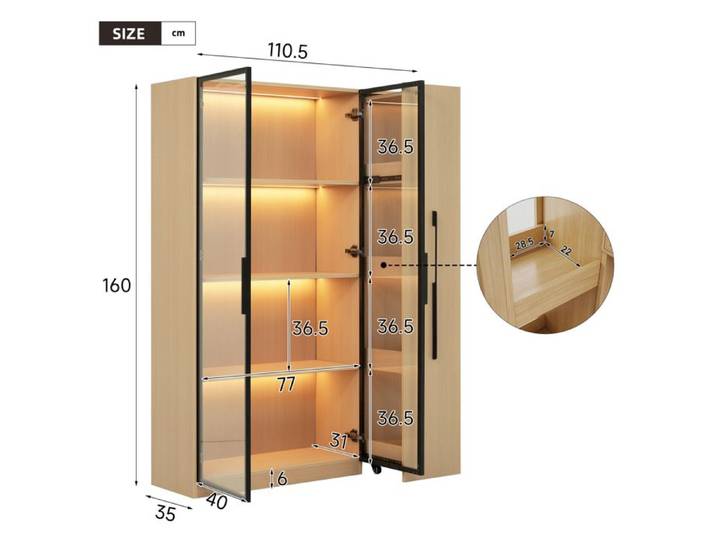 Vitrine buffet haut bibliothèque 110 5x35x160 cm avec LED porte vitrée rangement latéral coulissant chêne Grjofek