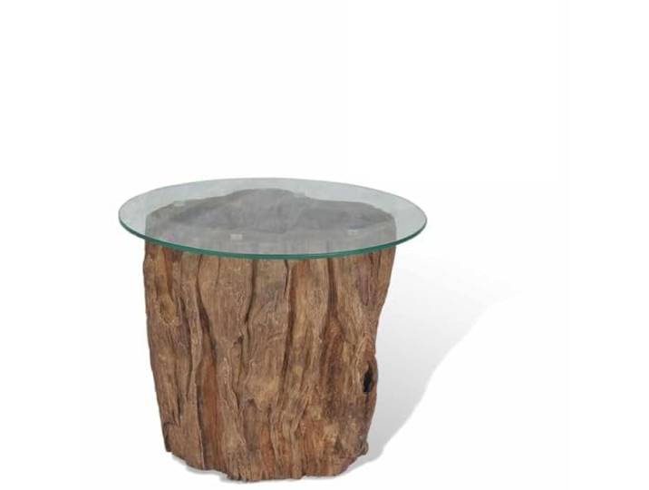 KGFHERENB Couchtisch Teak Holz Massiv & Glas Rund 50x40 cm Unikater Beistelltisch mit robuster Hartglasplatte und Echteak-Wurzelfuß für stilvolles Wohnzimmer Ambiente.