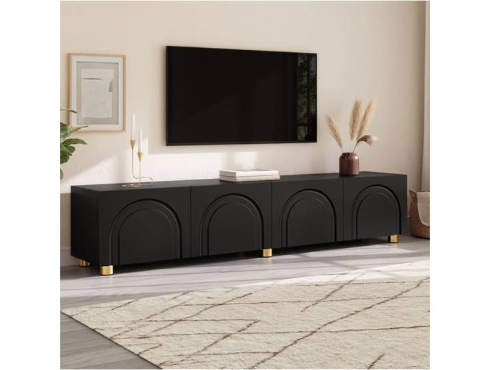 WOVREO Meuble TV bas 180 cm 4 portes relief arche MDF et panneaux de particules noir