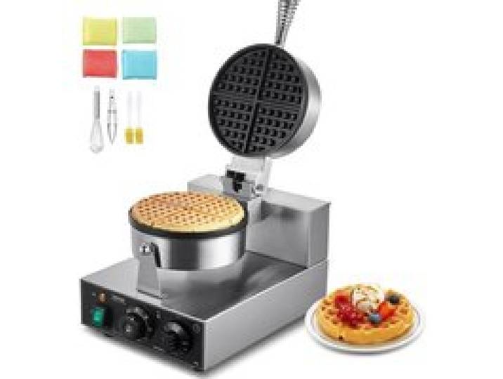 Gaufrier Professionnel 1230 W Gaufre Ronde Structure Inox Revêtement Antiadhésif Température et Minuterie Réglables