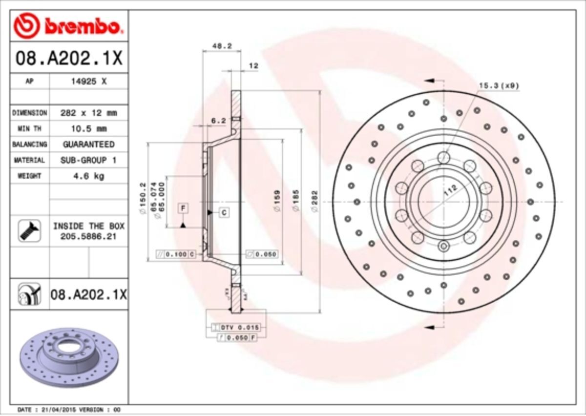 Bremsscheibe BREMBO 08.A202.1X, hinten, gelocht, perforiert, voll, 1 Stück