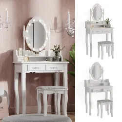 Vicco Schminktisch Frisiertisch Kosmetiktisch Maggie Weiß Schminkspiegel Hocker 75x147 Barock LED Beleuchtung Schlafzimmerkommode Schminkkommode Schublade Aufbewahrung Frisierkommode Make-Up-Tisch