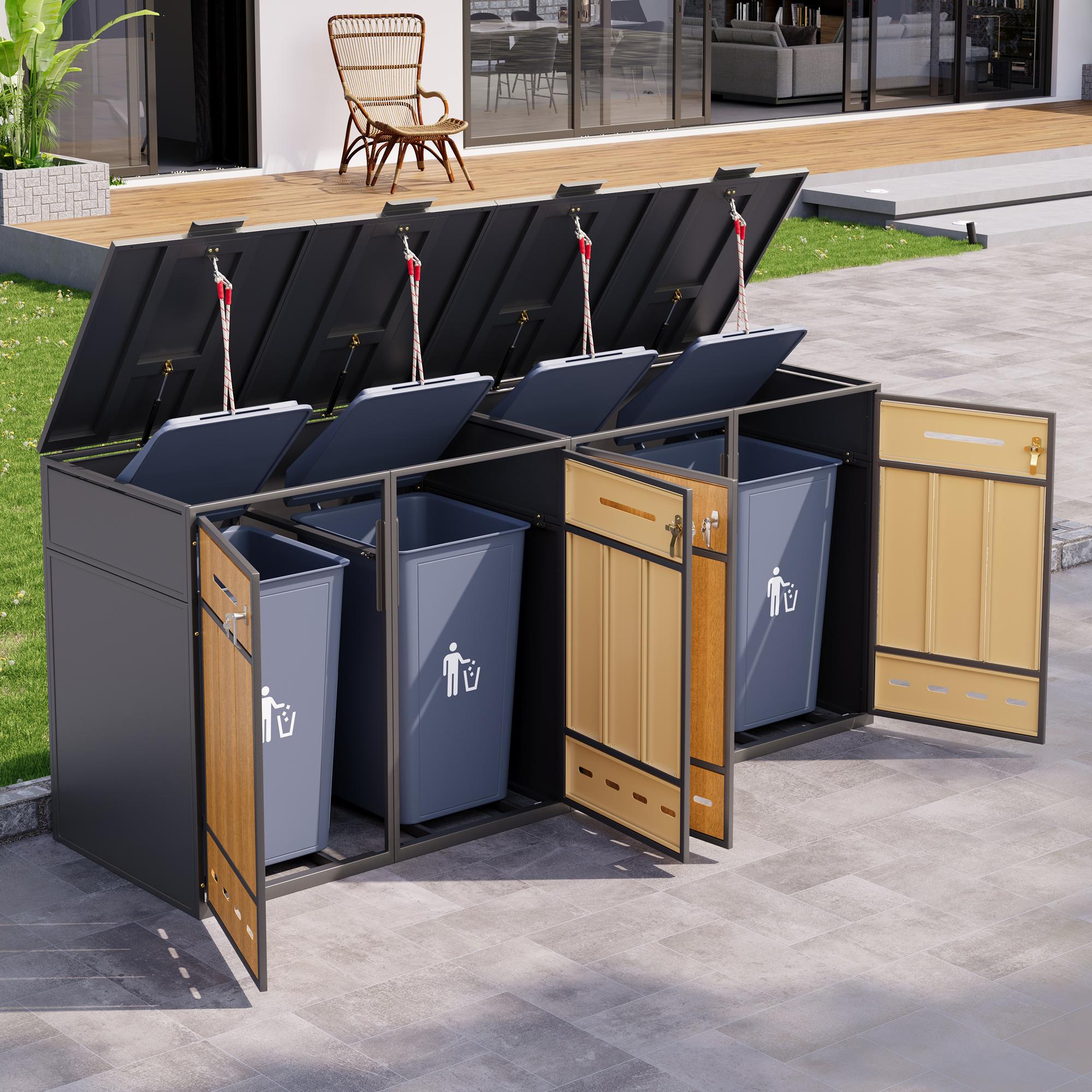 MODFU Mülltonnenschrank Abfalltrennung - 4 Fächer Mit Klappdeckel - Fronttüren mit Holzoptik Für Terrasse und Garten - Grau+Holz