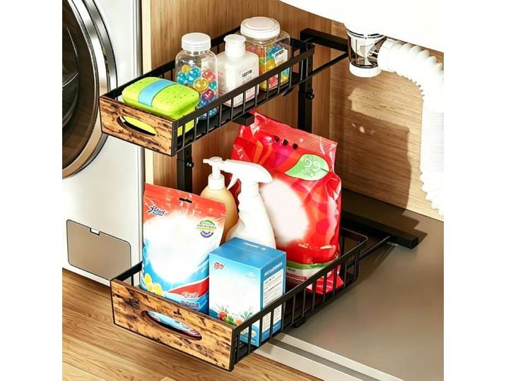 Organiseur Sous Évier À 2 Niveaux Hauteur Réglable(31 5 À 43Cm) Étagère Coulissante En Métal Robuste Avec Poignée En Bois Et[IN78]