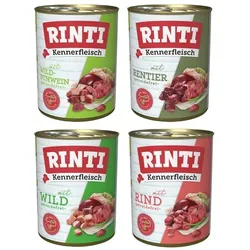 RINTI Kennerfleisch 24 x 400g Mixpaket (Wild,Rind,Rentier,Wildschwein)  Hundenassfutter