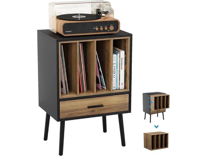 Support Tourne-Disque Avec Rangement Vinyles Tiroir Pieds Massifs Et Plateau Pour Platine Format Compact