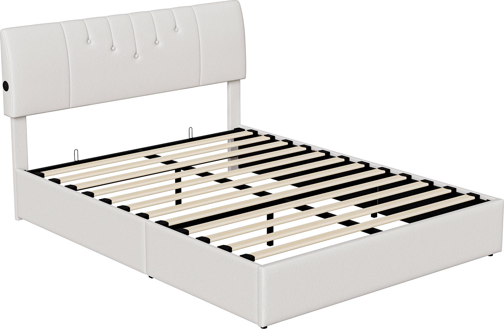 Stauraumbett - Polster-Doppelbett mit Kopfteil - 160 x 200 cm - Ladeanschlüsse auf beiden Seiten - Gasdruckfeder-Hebemechanismus - Teddy-Samt - Ohne Matratze - Offwhite