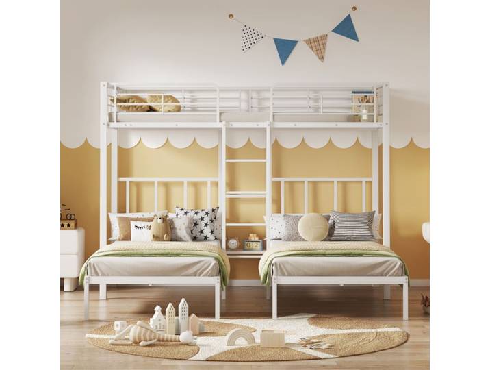 Lits 90x200cm*3 lits pour enfants lits superposés échelle cadre de lit en fer forgé barrières de sécurité et table blanc