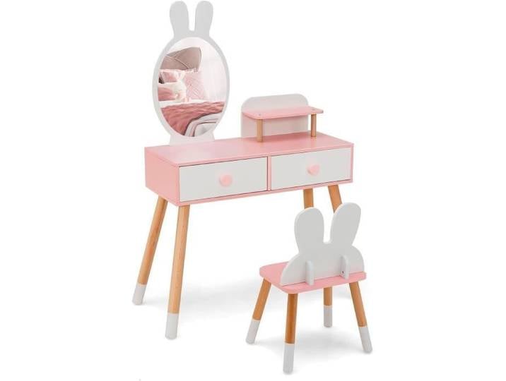GOPLUS Coiffeuse Enfants avec Miroir Coiffeuse de Maquillage Princesse 2 en 1 avec Tabouret Miroir Tiroirs et Étagère Blanc