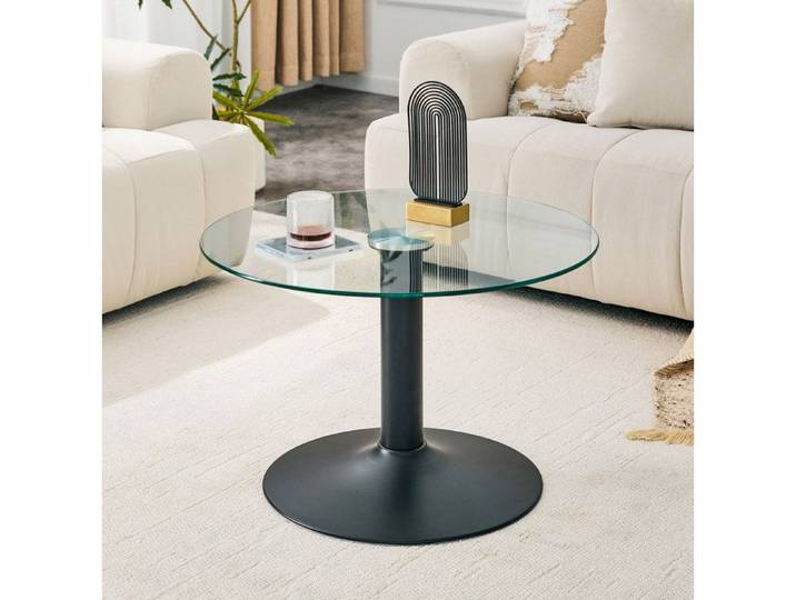 ROVRYN Table basse ronde 70 cm en verre trempé structure métallique noire hauteur 45 cm