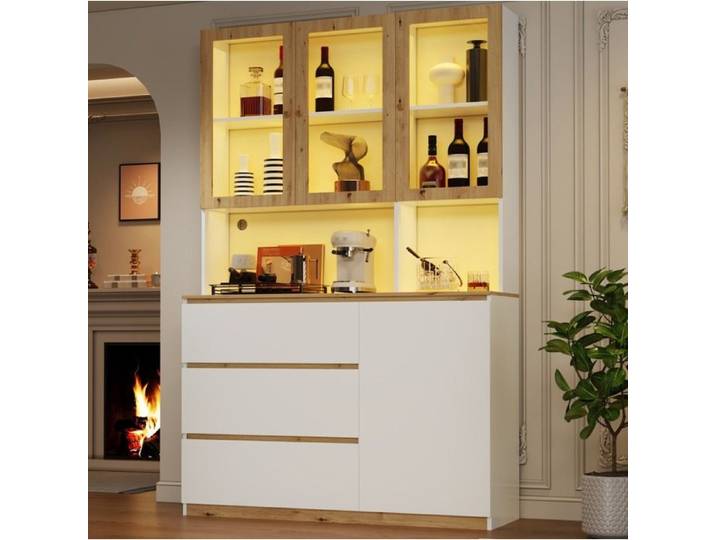 WOVREO Vitrine meuble haut LED 120 x 200 cm avec plan de travail 3 tiroirs MDF blanc et décor chêne