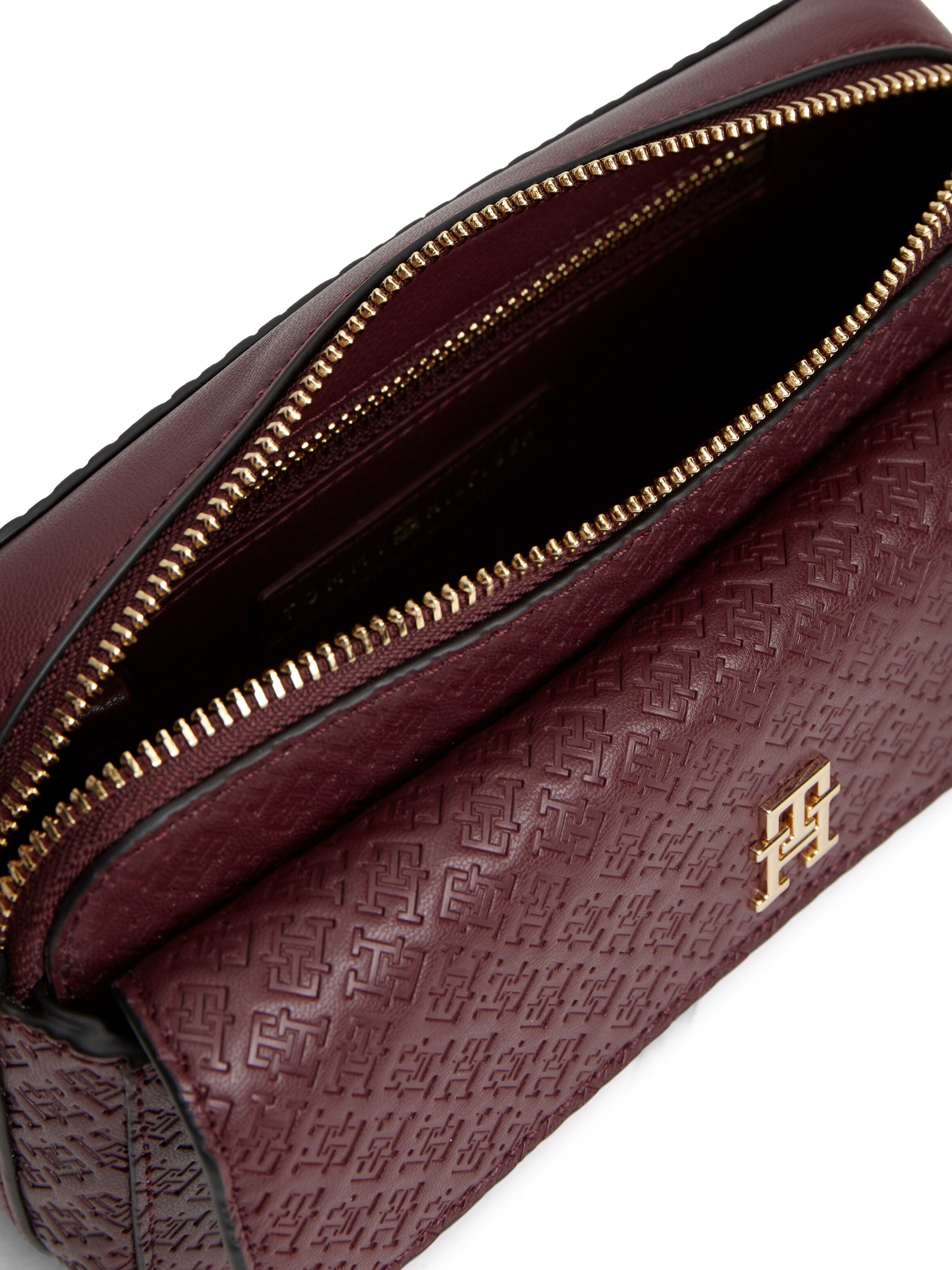 Umhängetasche TOMMY HILFIGER "TH ICON CAMERA BAG MONO", Damen, Gr. B/H/T: 22cm x 12cm x 7cm, braun (dunkelrot), Lederimitat, bedruckt, Taschen Umhängetasche, MiniBag, Crossbody Bag, Schultertasche mit TH-Logoprägung dunkelrot B/H/T: 22cm x 12cm x 7cm