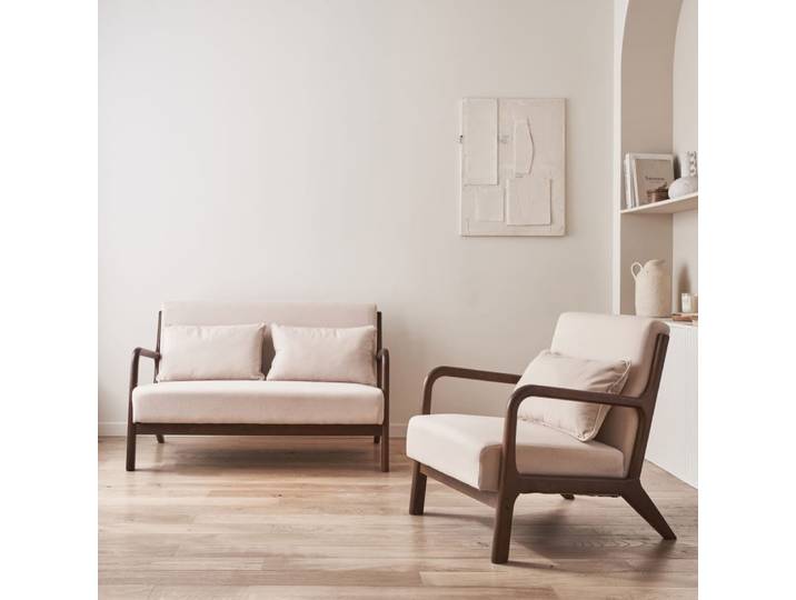 Banquette + fauteuil hévéa teinté noyer clair
