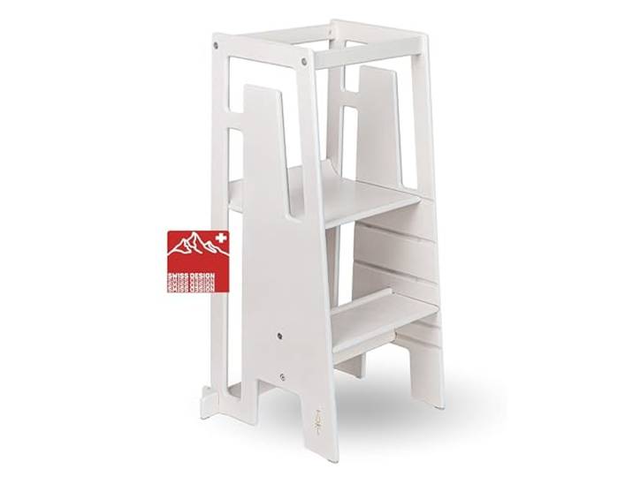 Tuki Lernturm ab 1 Jahr für Kinder Whitewash Höhenverstellbar, hohe Standsicherheit, ergonomisches Design Langlebiger Montessori Learning Tower hilft bei Motorik & Lernen