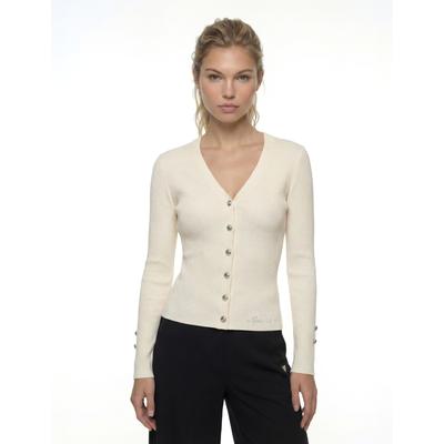Cardigan GUESS "LS VN ELLIE CARDI SWTR", Damen, Gr. M, cream weiß, Rippstrick, Obermaterial: 71% Viskose, 29% Polyamid, unifarben, normal, V-Ausschnitt, mit Knöpfen,Ärmel mit Ärmelschlitz, Strickjacken, mit geknöpften Ärmelenden, Viskosemix