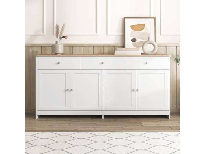 Elaimoros Sideboard,Vier Türen, mit DREI Schubladen,Holzfarbe und Weiß mit weißer Holzmaserung,Wohnzimmer, Esszimmer