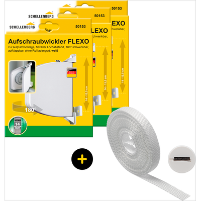 Aufputz-Gurtwickler SCHELLENBERG "Flexo Rollladensystem Mini, inkl. Gurt weiß und Gurtführung", weiß, 3 Stk., Gurtwickler, Aufschraubwickler aufklappbar, höhenverstellbar, 180 schwenkbar weiß