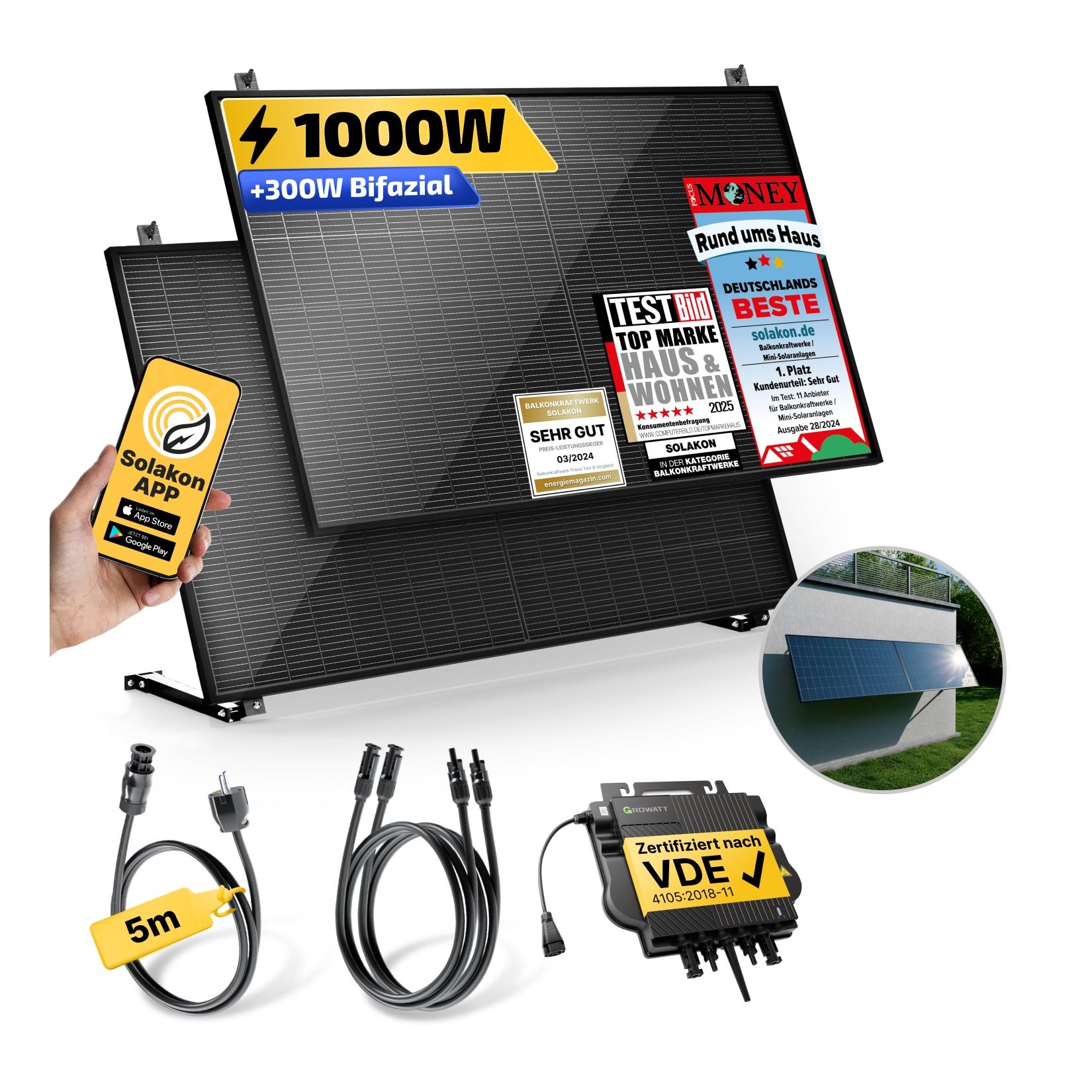 Balkonkraftwerk 1000W/800W Solaranlage mit Wand/Gartenhaus Halterung Steckerfertig WIFI Komplettset Photovoltaik Anlage 800W, Kabellänge: 5m