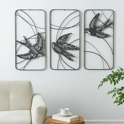 Studio 350 Black Metal Open Frame Wire Bird Home Wall Decor with White Floral Patterns (Set of 3)