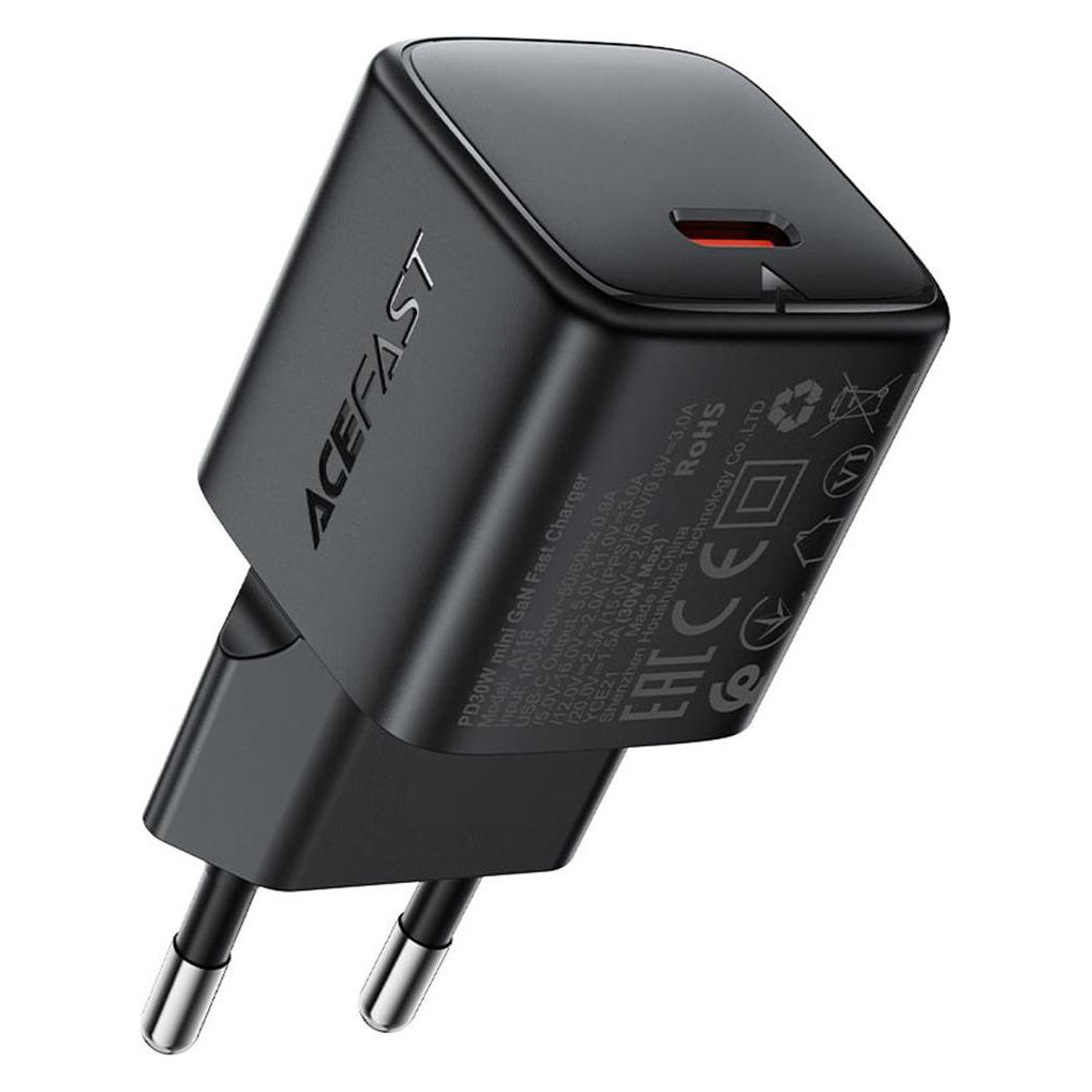 Acefast Ladegerät A118 30W GaN USB-C + USB-C auf USB-C Kabel 1,2m schwarz (30 W, 1 Port) (60306373)